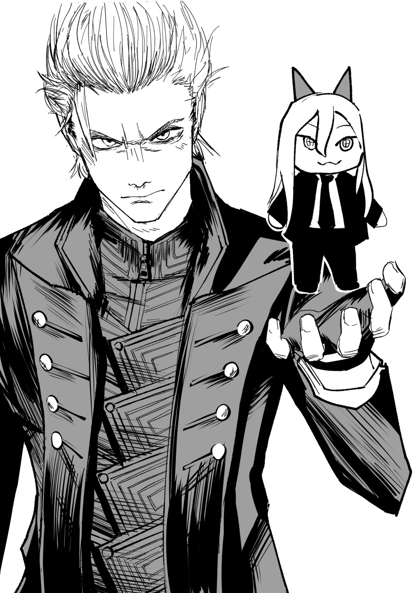 1boy 1girl :3 absurdres chainsaw_man chibi coat commentary cross-shaped_pupils crossover devil_may_cry_(series) fingerless_gloves forehead furrowed_brow gloves heartbreak_juan highres horns necktie power_(chainsaw_man) serious suit symbol-shaped_pupils vergil_(devil_may_cry)