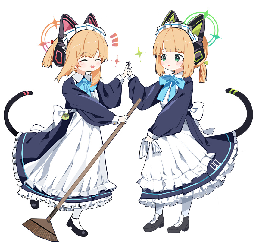 2girls absurdres animal_ear_headphones animal_ears apron black_dress black_footwear blonde_hair blue_archive blush cat_tail closed_eyes dress fake_animal_ears frilled_apron frills green_eyes green_halo halo headphones highres long_sleeves maid maid_apron maid_headdress midori_(blue_archive) midori_(maid)_(blue_archive) momoi_(blue_archive) momoi_(maid)_(blue_archive) multiple_girls official_alternate_costume open_mouth pantyhose pink_halo puffy_long_sleeves puffy_sleeves ryu_(17569823) shoes short_hair siblings simple_background sisters smile tail twins white_apron white_background white_pantyhose
