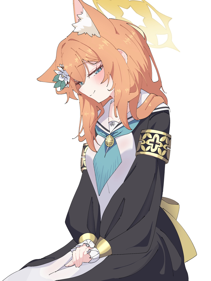 1girl absurdres animal_ear_fluff animal_ears blue_archive blue_eyes blush breasts cat_ears closed_mouth extra_ears flower green_neckerchief habit hair_flower hair_ornament halo highres long_hair long_sleeves looking_at_viewer mari_(blue_archive) neckerchief nun orange_hair simple_background small_breasts smile solo warabi_mochi_(w4rabimochi) white_background white_flower yellow_halo