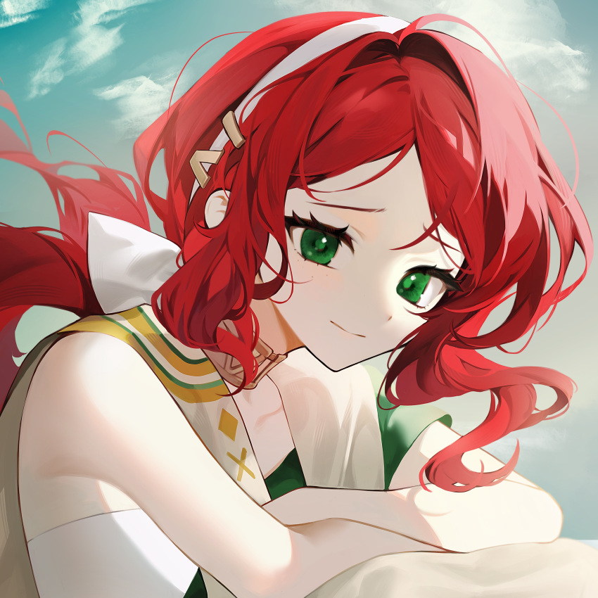 absurdres ancient_greek_clothes blue_sky bow cheongdan_t closed_mouth clouds crossed_arms frilled_bow frills greco-roman_clothes green_eyes hairband highres long_hair looking_at_viewer low_ponytail redhead reverse:1999 sky smile sophia_(reverse:1999) white_hairband