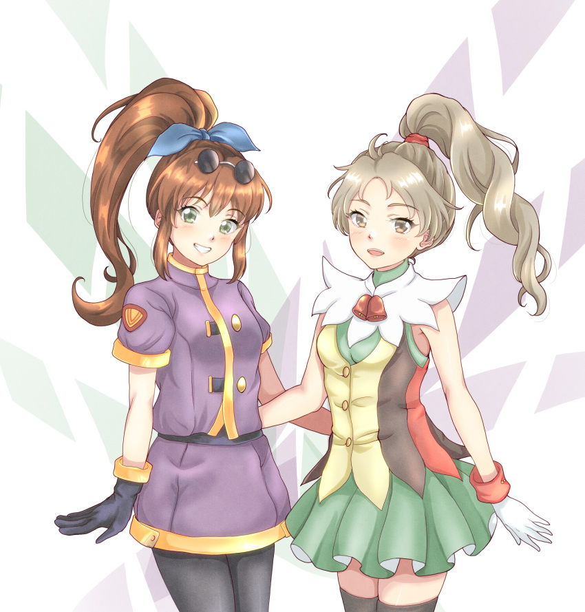 2girls :d abstract_background bell black_gloves black_pantyhose black_thighhighs blue_bow bow brown_eyes brown_hair commentary_request cowboy_shot crossover dot_nose eyewear_on_head gensou_suikoden gensou_suikoden_ii gloves green_eyes green_skirt grin hair_bow high_ponytail highres legs_together long_hair looking_at_viewer meg_(suikoden) multiple_girls open_mouth pantyhose ponytail precis_neumann purple_shirt purple_skirt shirt skirt sleeveless sleeveless_shirt smile standing star_ocean star_ocean_the_second_story sunglasses thigh-highs trait_connection umikamome_(pixiv40804077) white_gloves zettai_ryouiki