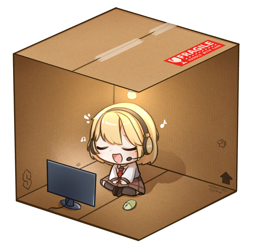 1girl :d black_thighhighs blonde_hair blush bob_cut box brown_skirt butterfly_sitting cardboard_box chibi chibi_only closed_eyes collared_shirt commentary english_commentary hair_ornament headset highres hololive hololive_english in_box in_container monitor moon_ldl necktie open_mouth pleated_skirt red_necktie shirt short_hair sitting skirt smile solo thigh-highs virtual_youtuber watson_amelia watson_amelia_(1st_costume) white_shirt