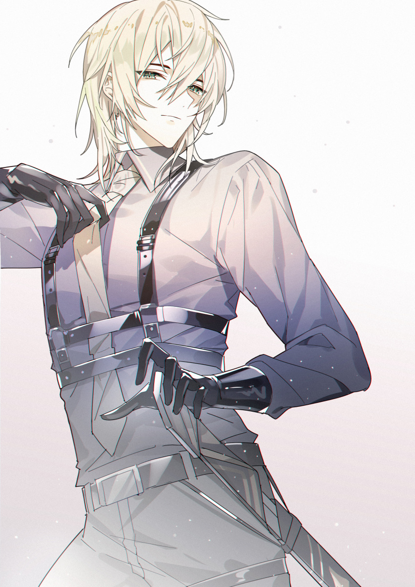 1boy absurdres adjusting_clothes adjusting_necktie alkaid_mcgrath belt black_belt black_gloves black_pants blonde_hair closed_mouth collared_shirt cowboy_shot expressionless facing_to_the_side gloves green_eyes hair_between_eyes hand_on_hilt harness highres kazenemuri leather leather_gloves long_sleeves looking_at_viewer lovebrush_chronicles male_focus medium_hair necktie pants purple_shirt sheath sheathed shirt shirt_tucked_in sideways_glance simple_background solo standing sword thigh_strap weapon white_background yellow_necktie