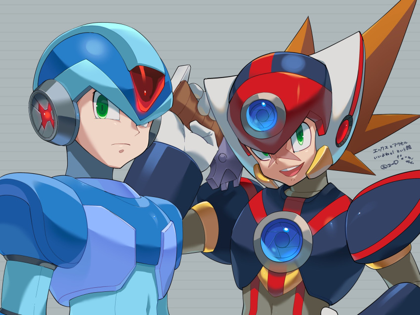 2boys android armor axl_(mega_man) black_armor blue_armor blue_helmet brown_hair chest_jewel commentary_request cross_scar forehead_jewel green_eyes grey_background gun helmet highres holding holding_gun holding_weapon looking_at_viewer male_focus medium_hair mega_man_(series) mega_man_x_(series) multiple_boys o_deko open_mouth over_shoulder red_helmet scar scar_on_face shoulder_armor spiky_hair translation_request upper_body weapon weapon_over_shoulder