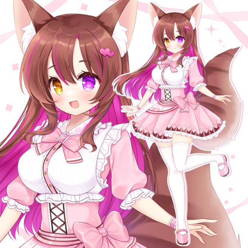 1girl :d animal_ear_fluff animal_ears blush bow breasts brown_eyes brown_hair closed_mouth commission copyright_request hair_ornament heart heart_hair_ornament heterochromia highres long_hair medium_breasts multicolored_hair multiple_views outline pink_bow pink_footwear pink_skirt pleated_skirt puffy_short_sleeves puffy_sleeves purple_hair shikito_(yawa0w0) shirt shoes short_sleeves simple_background skeb_commission skirt smile sparkle streaked_hair striped_tail tail thigh-highs two-tone_hair very_long_hair violet_eyes white_background white_outline white_shirt white_thighhighs