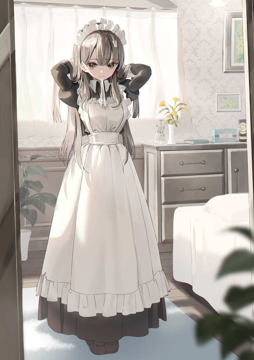 1girl absurdres apron bed bedroom blush breasts brown_eyes chest_of_drawers commentary curtains flower full_body hair_between_eyes hair_tie_in_mouth hands_in_hair highres indoors light_brown_hair long_hair long_sleeves looking_at_viewer maid maid_apron maid_headdress medium_breasts mouth_hold original plant potted_plant puffy_sleeves shii_(kairi-t-k0317) solo straight_hair sunlight very_long_hair window