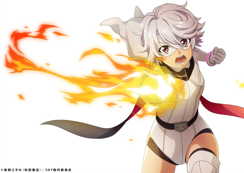 1girl absurdres boots brown_eyes character_name copyright_name cowboy_shot fire gloves highres leotard looking_at_viewer mask official_art open_mouth punching short_hair shy_(character) shy_(series) solo standing thigh_boots white_background white_footwear white_gloves white_hair white_leotard