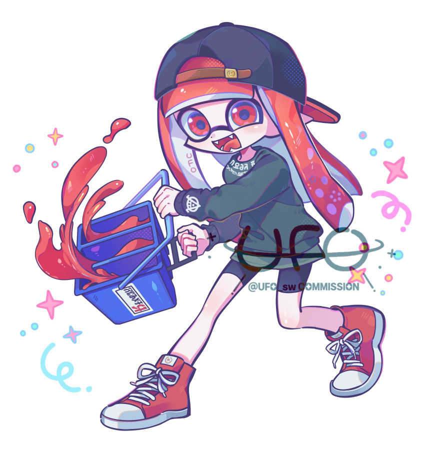 1girl backwards_hat baseball_cap bike_shorts commentary_request commission cross-laced_footwear full_body hat highres holding holding_weapon inkling inkling_girl inkling_player_character korean_commentary open_mouth red_eyes red_footwear redhead shoes simple_background smile solo sparkle splatoon_(series) splatoon_3 teeth tri-slosher_(splatoon) ufo_sw watermark weapon white_background