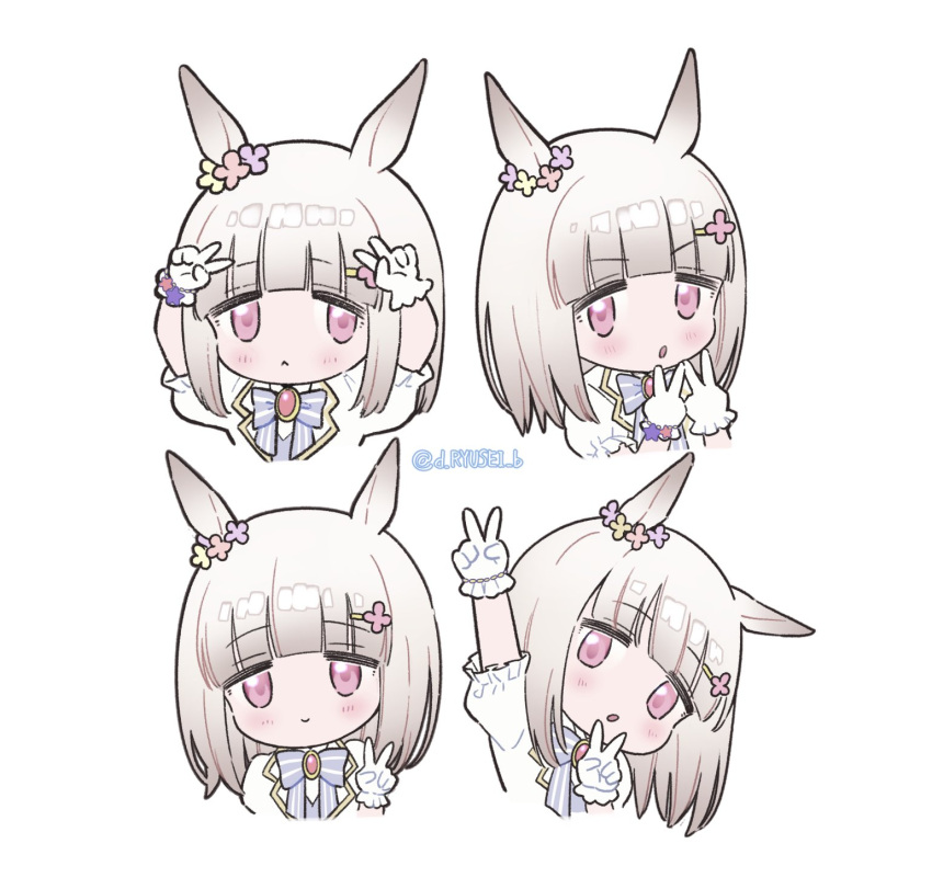 1girl :o animal_ears arms_up blush bow bowtie brooch chibi chiikawa_four_expressions_(meme) closed_mouth double_v ear_ornament gloves grey_hair hair_ornament hairclip hands_up happy_meek_(umamusume) highres horse_ears jacket jewelry looking_at_viewer medium_hair meme multiple_views pink_eyes ryusei_(ryusei_b) short_sleeves smile twitter_username umamusume v v-shaped_eyebrows white_background white_gloves white_jacket