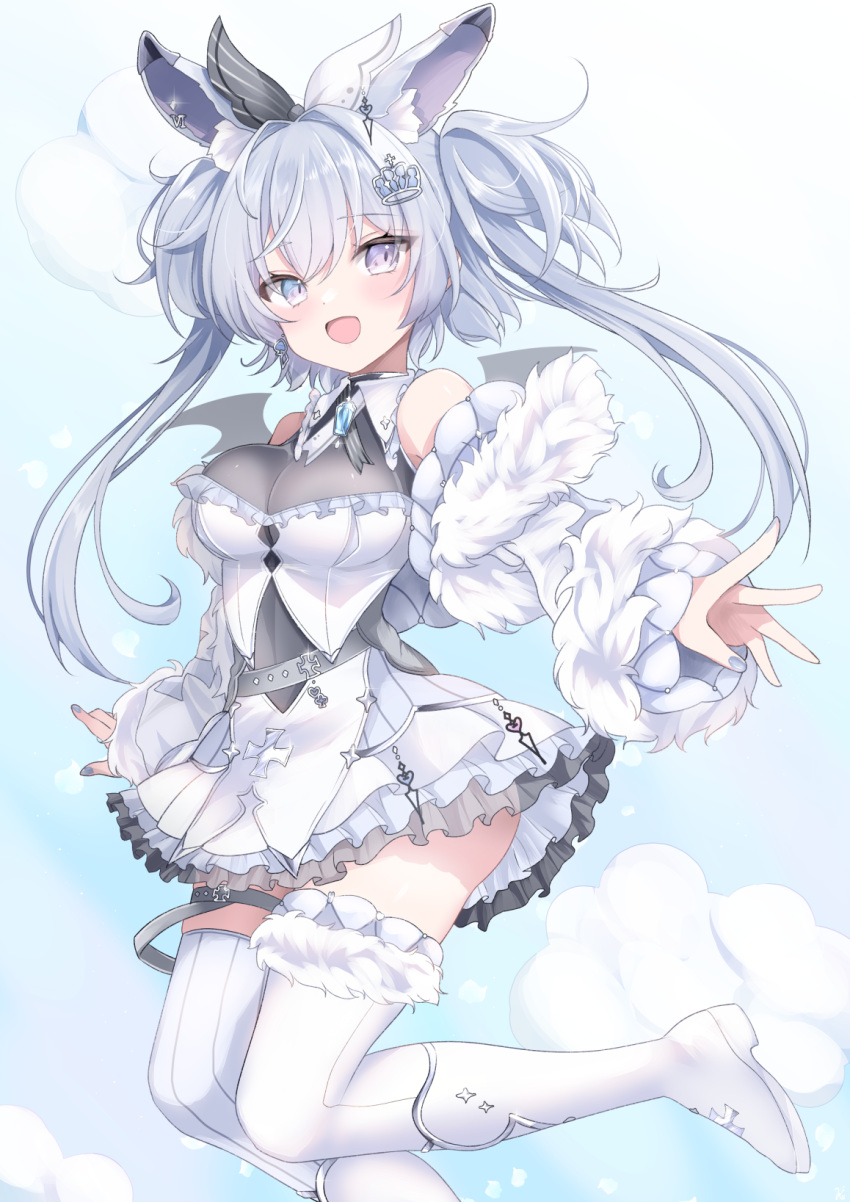 1girl animal_ears boots breasts cloud_background clouds commission crown_earrings demon_girl demon_wings dress dropping earrings foot_out_of_frame grey_eyes grey_hair hair_ornament hair_over_shoulder hairpin highres indie_virtual_youtuber jewelry kimino_aruji kurage_cc long_hair makeup miniskirt necklace off-shoulder_dress off_shoulder open_mouth rouge_(makeup) skeb_commission skirt solo strapless strapless_dress twintails very_long_hair virtual_youtuber white_dress white_footwear wing_hairpin wings