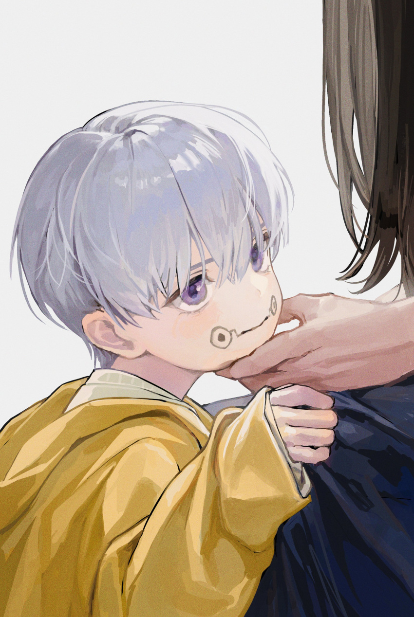 1boy 1girl absurdres black_hair child closed_mouth expressionless facial_tattoo from_side grabbing_another's_chin hand_on_another's_chin hand_on_another's_knee head_tilt highres hood hoodie inumaki_toge jujutsu_kaisen long_sleeves looking_at_another male_focus popo_6996 shirt short_hair simple_background solo_focus tattoo violet_eyes white_hair white_shirt yellow_hoodie
