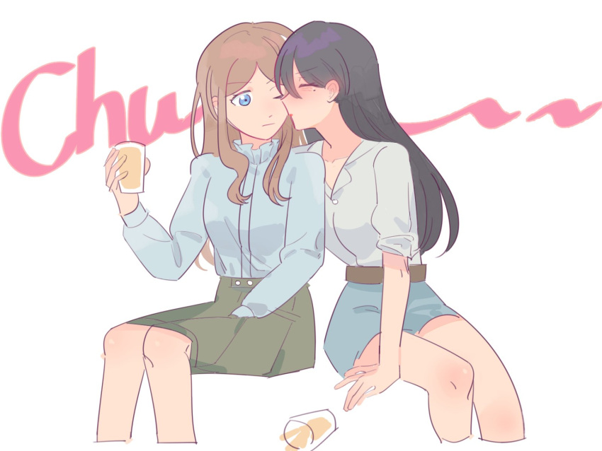 2girls alcohol bang_dream! bang_dream!_it's_mygo!!!!! beer black_hair blue_eyes blue_shirt blue_skirt blush brown_hair closed_mouth collared_shirt commentary_request drink drunk feet_out_of_frame green_skirt hand_on_lap highres holding holding_drink kiss kissing_cheek long_hair long_sleeves mole mole_under_eye multiple_girls nagasaki_soyo shiina_taki shirt simple_background sitting skirt sleeves_rolled_up spill takechi63 white_background white_shirt yuri
