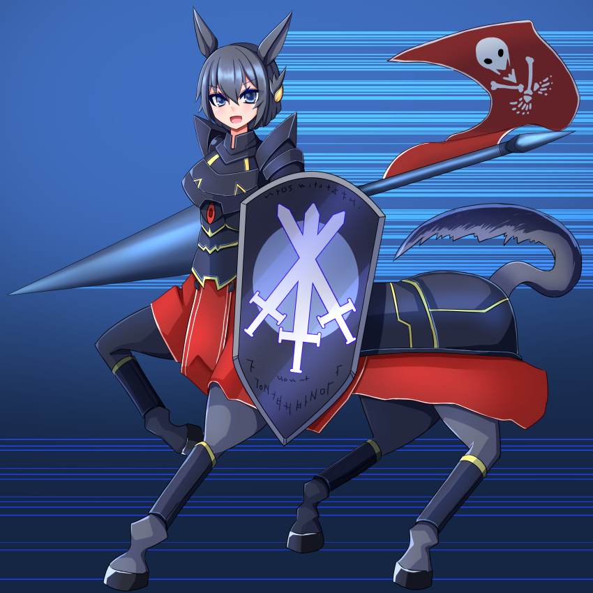 1girl :d absurdres animal_ears armor black_armor black_hair blue_eyes centaur commentary_request flag full_armor full_body hair_between_eyes hair_ornament highres holding holding_polearm holding_shield holding_weapon hooves horse_ears horse_tail knight lance leg_armor looking_at_viewer monster_girl multiple_legs open_mouth original pelvic_curtain polearm shield short_hair sidelocks smile solo standing standing_on_three_legs tail tamalaunch taur weapon