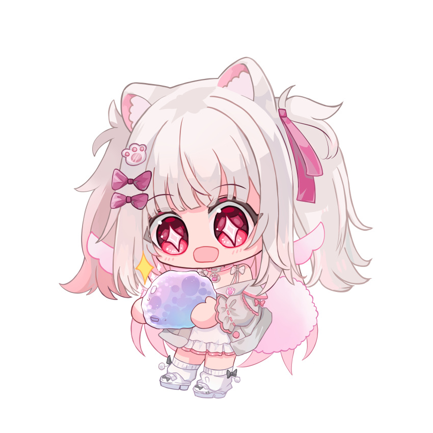 1girl absurdres animal_ear_fluff animal_ears black_bow bow cactusxii chibi dog_ears dog_girl dress gram_pico grey_hair grey_jacket hair_bow hair_ribbon highres holding jacket long_hair open_mouth paw_hair_ornament phase_connect pink_bow pink_eyes pink_ribbon pom_pom_(clothes) ribbon second-party_source shoes socks solo sparkle sparkling_eyes twintails virtual_youtuber white_bow white_dress white_footwear white_socks