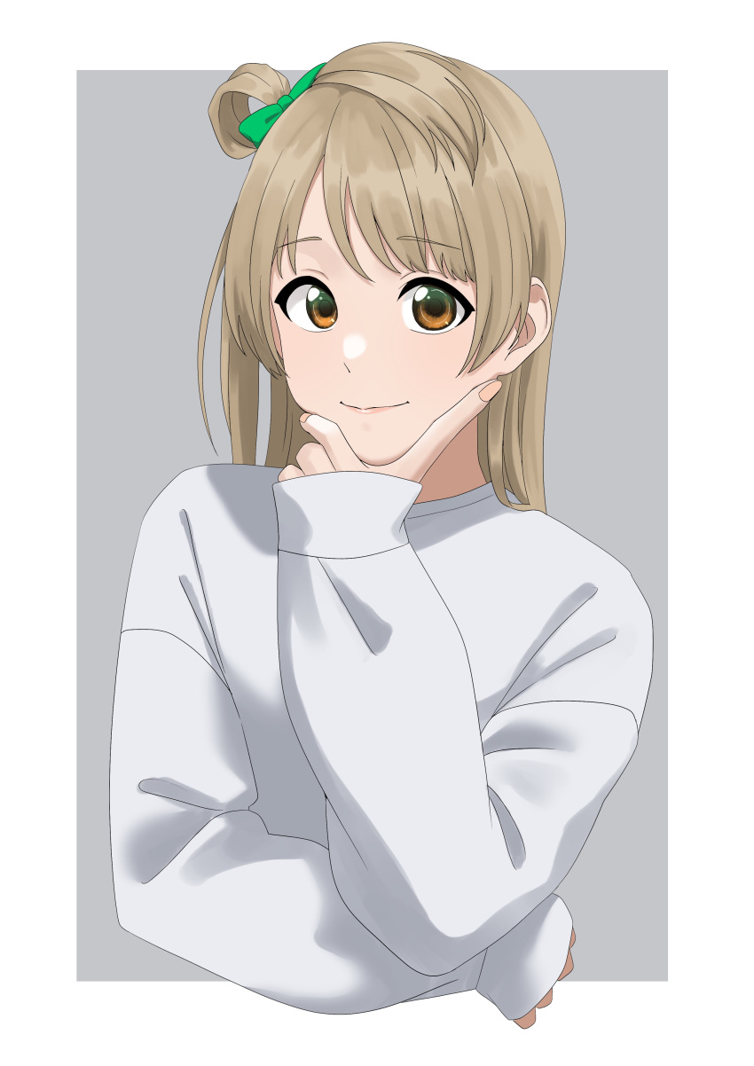 1girl absurdres arm_under_breasts border brown_eyes closed_mouth commentary_request grey_background grey_hair hand_on_own_chin highres long_hair long_sleeves looking_at_viewer love_live! love_live!_school_idol_project minami_kotori s_sho_mkrn sidelocks sleeves_past_wrists solo sweater swept_bangs upper_body white_border white_sweater