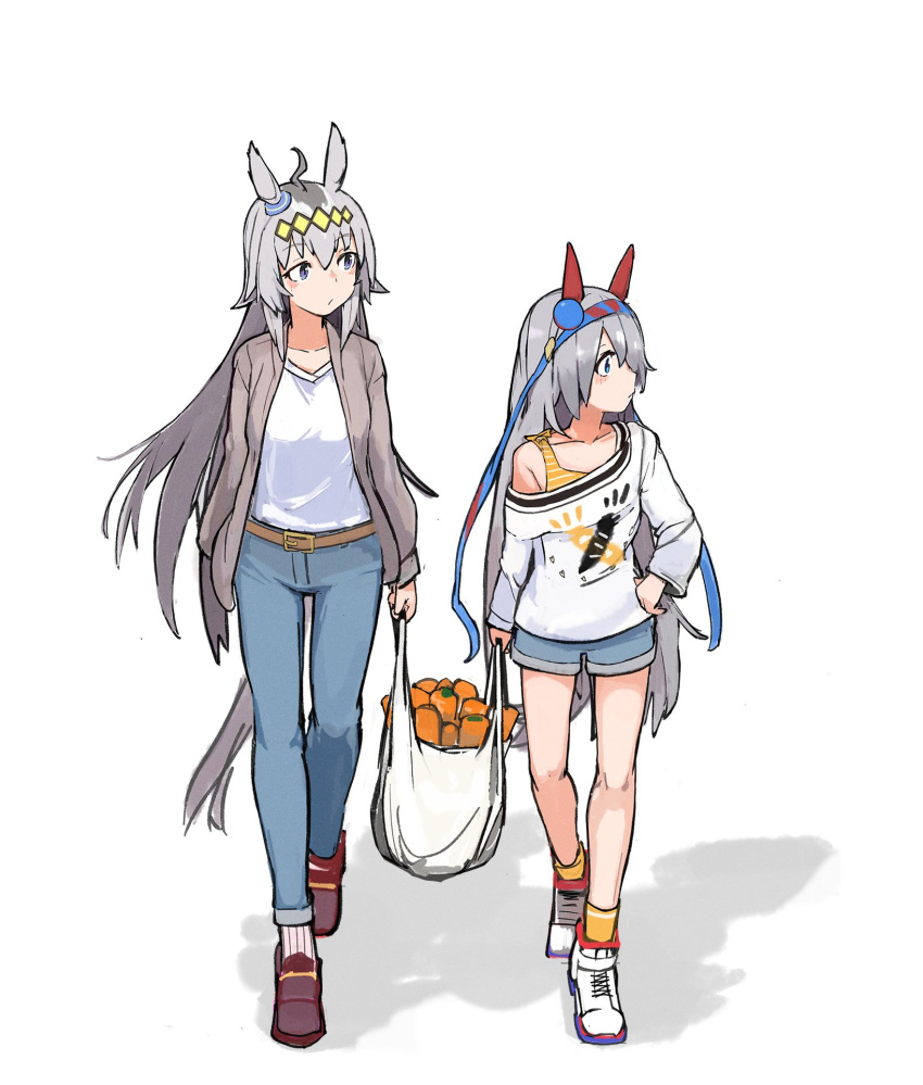 2girls ahoge animal_ears bag belt blue_eyes blue_hairband brown_belt brown_footwear carrot casual denim ear_covers full_body grey_hair grey_jacket grey_tail hairband highres holding holding_bag horse_ears horse_girl horse_tail jacket jeans long_hair long_sleeves looking_to_the_side mongo_mongo multicolored_hair multiple_girls off-shoulder_shirt off_shoulder oguri_cap_(umamusume) pants shirt shoes shopping_bag short_shorts shorts simple_background sneakers solo striped_clothes striped_hairband tail tamamo_cross_(umamusume) umamusume white_background white_footwear white_shirt yellow_hairband
