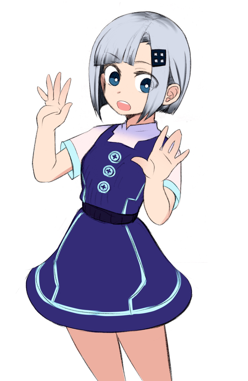 1girl absurdres belt black_belt blue_dress blue_eyes blunt_bangs blunt_ends bright_pupils buttons commentary_request contrapposto dress feet_out_of_frame grey_hair hands_up highres indie_virtual_youtuber looking_at_viewer oota_mato open_mouth pinafore_dress samutora_mike shirt short_hair short_sleeves simple_background sleeveless sleeveless_dress solo standing text_hair_ornament virtual_youtuber white_background white_pupils white_shirt