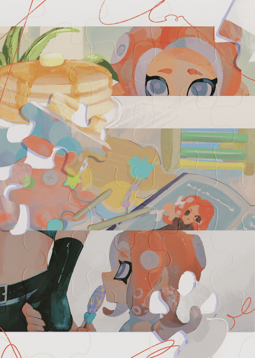 1girl 1other absurdres agent_8_(splatoon) belt black_belt black_gloves blue_eyes book butter candy eating food gloves highres holding holding_candy holding_food holding_hands holding_lollipop jigsaw_puzzle lollipop long_hair looking_at_another maple_syrup octoling octoling_girl octoling_player_character open_book pancake pancake_stack purple_pupils puzzle puzzle_piece redhead splatoon_(series) stuffed_animal stuffed_octopus stuffed_toy suction_cups swirl_lollipop syrup tentacle_hair toy zicbx
