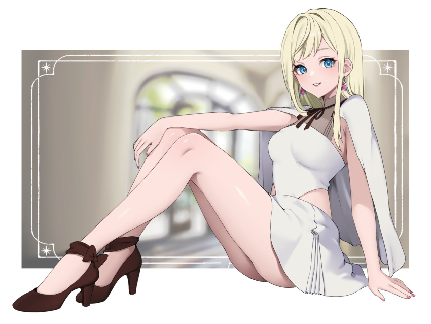 1girl black_footwear blonde_hair blue_eyes blurry blurry_background breasts campbell_xx capelet dress earrings gigi_andalusia gundam gundam_hathaway's_flash hair_behind_ear highres jewelry long_hair looking_at_viewer pink_lips sitting small_breasts smile solo triangle_earrings white_background white_capelet white_dress