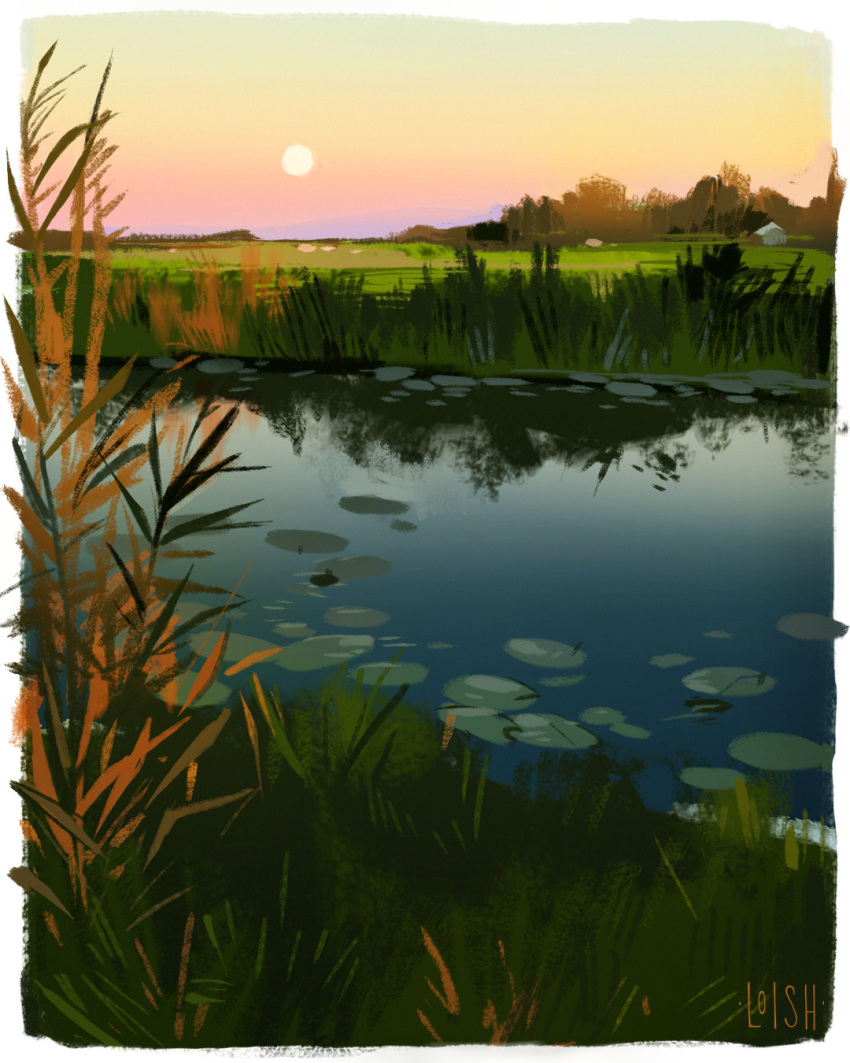 artist_name border dusk field gradient_sky grass highres lily_pad loish no_humans original outdoors painterly pink_sky reeds reflection reflective_water river rural scenery simple_sheep sky sun white_border yellow_sky