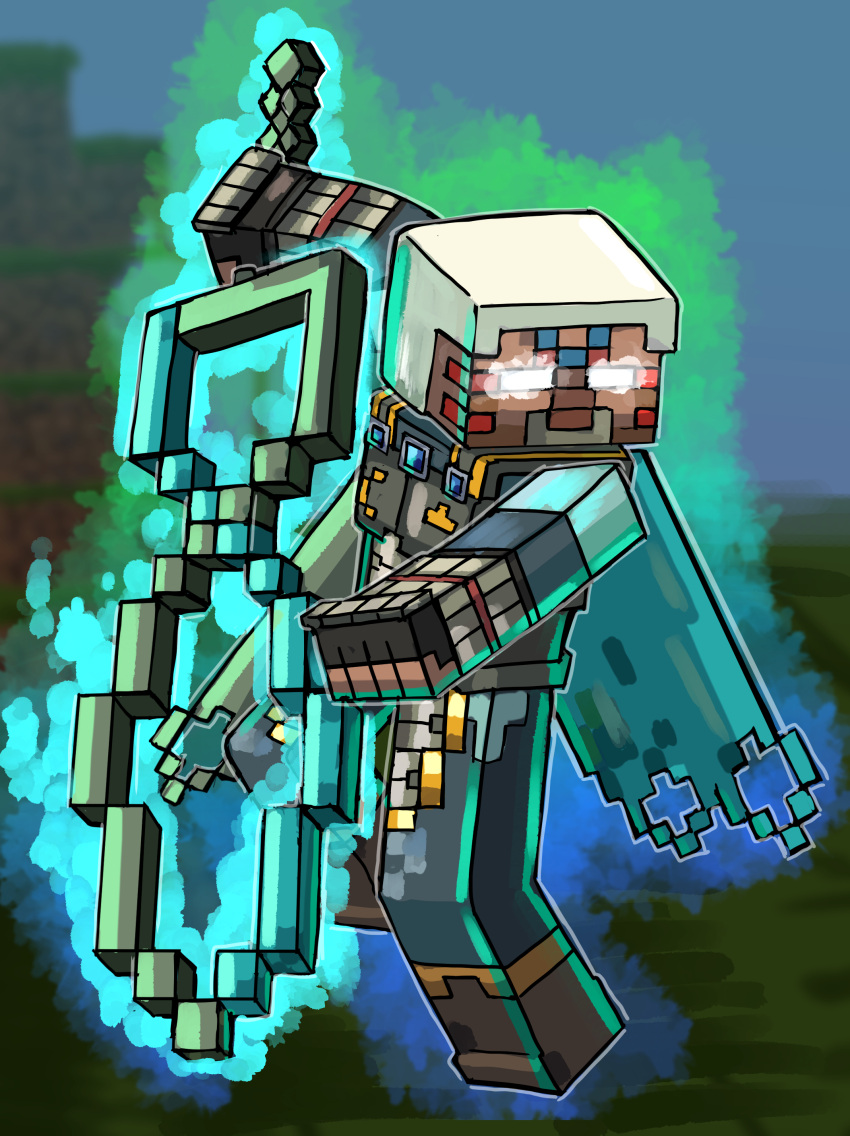 absurdres alternate_color alternate_costume alternate_hair_color alternate_weapon aura blue_gemstone chest_jewel corruption crescent crossover dark_persona double_helix facial_tattoo fierce_deity gem gloves glowing glowing_eyes highres holding holding_sword holding_weapon looking_to_the_side minecraft nintendo no_pupils possessed steve_(minecraft) stoic_seraphim super_smash_bros. sword tattoo the_legend_of_zelda the_legend_of_zelda:_majora's_mask triangle weapon white_eyes white_hair