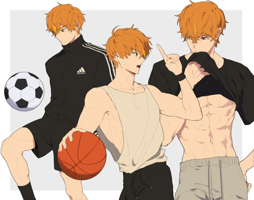 1boy abs absurdres ball basketball_(object) blue_eyes clothes_lift copyright_request highres multiple_pov orange_hair playing_sports pov shirt_lift soccer tank_top