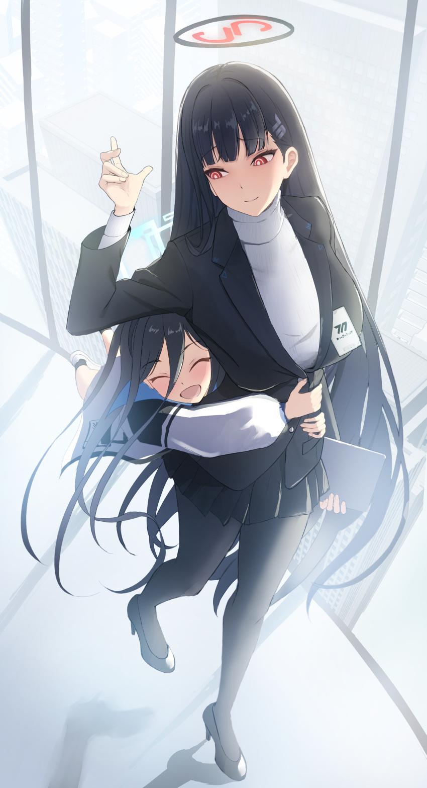 2girls absurdres aris_(blue_archive) asao_(asaomm12345) black_footwear black_hair black_halo black_jacket black_pantyhose black_skirt blue_archive breasts clipboard closed_eyes closed_mouth commentary_request full_body halo hand_up high_heels highres holding holding_clipboard hug hug_from_behind indoors jacket large_breasts long_hair long_sleeves looking_at_another looking_down multiple_girls open_mouth pantyhose pleated_skirt red_eyes ringed_eyes rio_(blue_archive) skirt smile standing sweater turtleneck turtleneck_sweater very_long_hair white_sweater