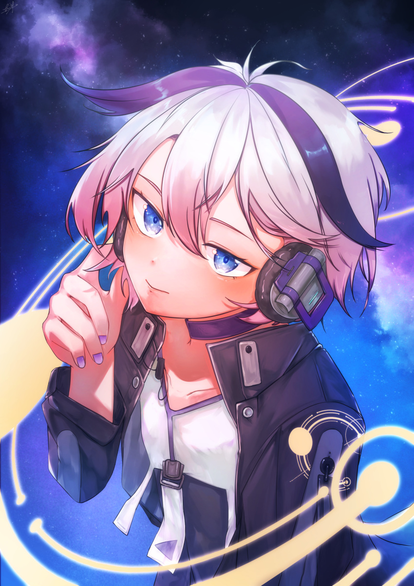 1girl absurdres adjusting_headphones black_jacket blue_eyes cevio choker ci_flower collarbone galaxy_background headphones highres j_inu_gami jacket light_blush looking_at_viewer multicolored_hair open_clothes open_jacket purple_background purple_choker purple_hair purple_nails shirt short_hair smile solo star_(sky) streaked_hair upper_body white_hair white_shirt