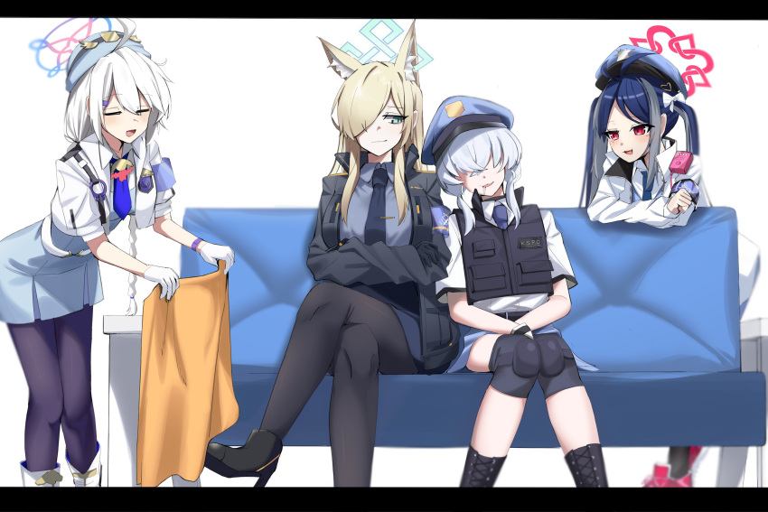4girls absurdres ahoge animal_ear_fluff animal_ears antenna_hair armband black_pantyhose blanket blonde_hair blue_archive blue_eyes blue_hair blue_halo blue_necktie blue_shirt blush boots bow braid closed_mouth collared_shirt commentary_request couch crossed_arms crossed_legs dog_ears drooling extra_ears feet_out_of_frame fubuki_(blue_archive) gunpuu hair_between_eyes hair_over_one_eye halo hat high_heel_boots high_heels highres holding holding_blanket jacket kanna_(blue_archive) kirino_(blue_archive) knee_pads leaning_forward letterboxed long_hair looking_to_the_side multicolored_hair multiple_girls necktie open_mouth pantyhose pink_halo police police_hat police_uniform policewoman purple_armband red_eyes saliva shirt simple_background sitting sleeping smile streaked_hair tie_clip twintails uniform valkyrie_police_academy_student_(blue_archive) white_background white_bow white_hair white_jacket
