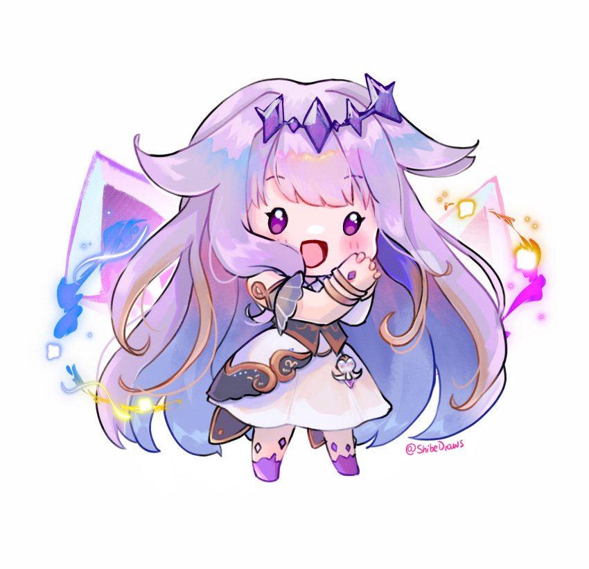 1girl :d bracelet chibi dress highres hololive hololive_english jewelry koseki_bijou long_hair open_mouth own_hands_together purple_hair shibedraws simple_background smile solo standing twitter_username very_long_hair violet_eyes virtual_youtuber white_background white_dress