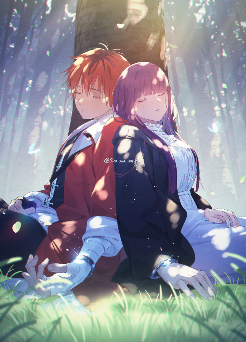 1boy 1girl bandaged_arm bandages black_coat black_hair black_shirt blunt_bangs bracelet buttons closed_eyes closed_mouth coat commentary_request dress fern_(sousou_no_frieren) fingernails grass highres jewelry long_hair multicolored_hair open_clothes open_coat parted_lips purple_hair red_coat redhead shirt sitting sleeping sousou_no_frieren stark_(sousou_no_frieren) straight_hair streaked_hair sua_lucid sunlight tree twitter_username two-tone_hair white_dress
