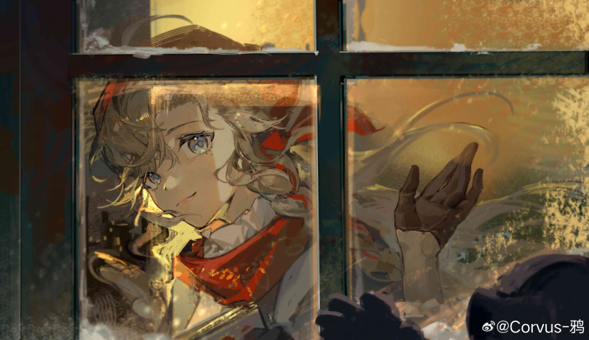 absurdres black_gloves blonde_hair blue_eyes gloves hand_up head_scarf highres long_hair looking_at_viewer print_scarf red_scarf reverse:1999 scarf shirt smile vila_(reverse:1999) waving white_shirt wind wind_lift window