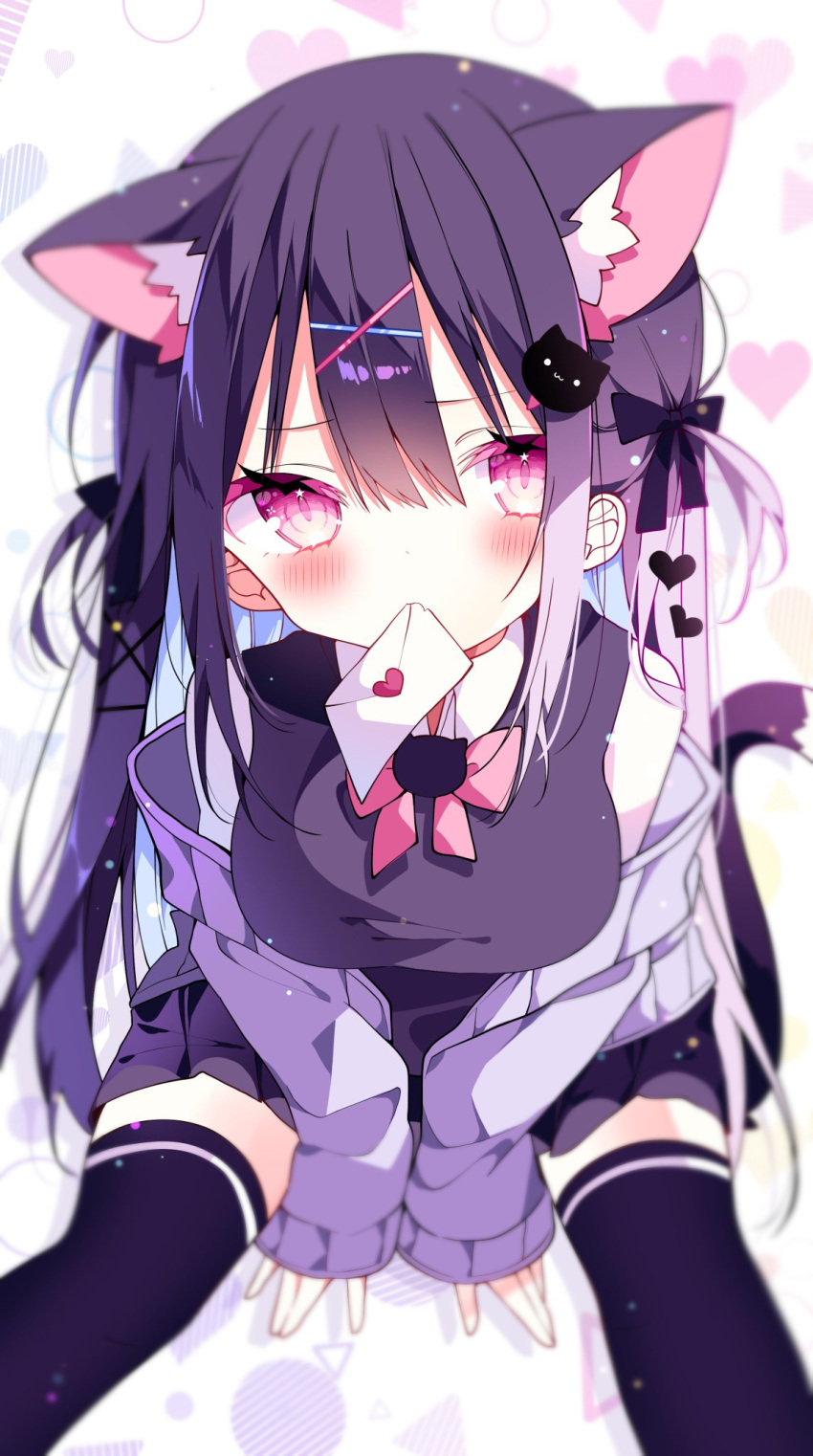 1girl animal_ear_fluff animal_ears bare_shoulders between_legs black_hair black_skirt black_thighhighs blush breasts cat_ears cat_hair_ornament cat_ornament cat_tail closed_mouth envelope extra_ears from_above grey_hair grey_hoodie hair_between_eyes hair_ornament hand_between_legs heart heart_hair_ornament highres hood hoodie koineko_muchu loli long_hair long_sleeves looking_at_viewer medium_breasts mouth_hold off_shoulder original pink_eyes pink_ribbon ribbon shirt sitting skirt solo suisei_1121 tail thigh-highs virtual_youtuber