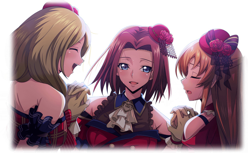 3girls ^_^ armband artist_request ascot backlighting bare_shoulders blonde_hair blue_eyes blush bowler_hat breasts buttons closed_eyes code_geass code_geass:_lost_stories cropped_torso double-breasted dutch_angle facing_another flower forehead game_cg gloves hair_intakes half-closed_eyes hand_up hands_up happy hat hat_flower heart highres holding_hands idol_clothes interlocked_fingers kouzuki_kallen light_blush long_hair looking_at_another looking_to_the_side medium_breasts medium_hair milly_ashford mini_hat multiple_girls non-web_source official_art open_mouth orange_hair profile red_flower red_hat red_rose redhead rose shirley_fenette short_hair sidelocks simple_background smile sweat tears teeth tilted_headwear transparent_background u_u upper_body white_ascot white_gloves