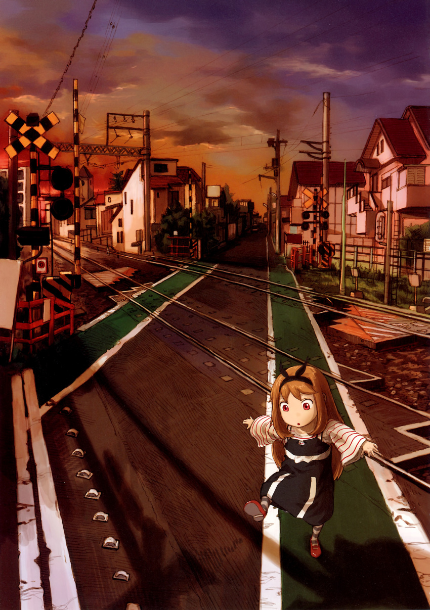 1girl :o abe_yoshitoshi absurdres ahoge black_dress brown_hair building child clouds dress evening hairband highres house long_hair long_sleeves non-web_source original outdoors outstretched_arms power_lines railroad_crossing railroad_tracks red_eyes red_footwear road scenery shirt shoe_soles shoes sky solo standing standing_on_one_leg street striped_clothes striped_shirt sunset utility_pole white_shirt