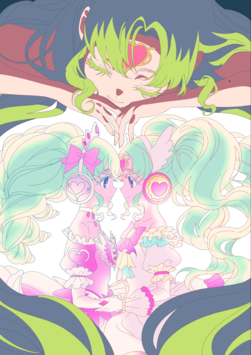 3girls anchiki_shou bad_id bad_twitter_id blue_eyes bow closed_eyes closed_mouth colored_eyelashes dress eye_contact face-to-face facing_viewer falulu falulu_(awakened) forehead_jewel frilled_dress frills from_side gloves green_hair hair_bow headphones highres holding_hands idol_clothes long_hair looking_at_another multiple_girls multiple_persona parted_bangs pink_bow pretty_series pripara profile puffy_short_sleeves puffy_sleeves short_sleeves sidelocks smile tiara twintails very_long_hair white_dress white_gloves wing_hair_ornament