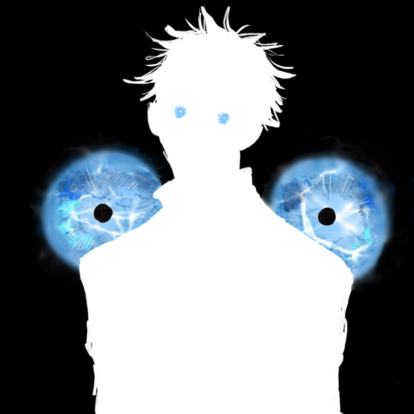 1boy absurdres black_background blue_eyes faceless faceless_male glowing glowing_eyes gojou_satoru highres horror_(theme) jujutsu_kaisen looking_at_viewer male_focus no_mouth no_nose silhouette simple_background solo spiky_hair suru_(ekxbe9) upper_body zoom_layer