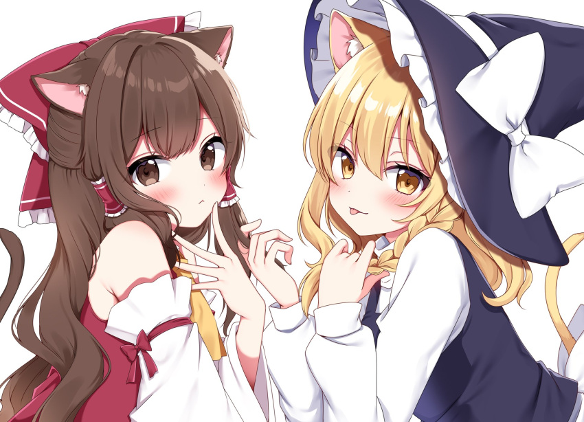 2girls :&lt; :p animal_ear_fluff animal_ears ascot bare_shoulders black_hat black_vest blonde_hair blush bow braid brown_eyes brown_hair brown_tail cat_ears cat_tail closed_mouth detached_sleeves eyes_visible_through_hair frilled_bow frilled_hair_tubes frilled_hat frills hair_bow hair_tubes hakurei_reimu hand_in_another's_hair hand_in_own_hair hand_on_own_face hand_up hands_up hat hat_bow highres kemonomimi_mode kirisame_marisa long_hair long_sleeves looking_at_viewer multiple_girls red_bow red_shirt shinonome_asu shirt side_braid sidelocks simple_background single_braid sleeve_garter sleeveless sleeveless_shirt sweater tail tail_raised tongue tongue_out touhou turtleneck turtleneck_sweater upper_body vest white_background white_bow white_sleeves white_sweater wide_sleeves witch_hat yellow_ascot yellow_eyes yellow_tail