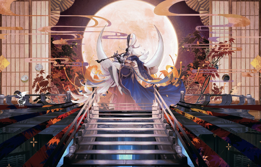 1girl animal_ears anklet barefoot black_hair black_skin blue_kimono blunt_bangs clytie_(ata_yuri) colored_skin crescent_moon egasumi final_fantasy final_fantasy_xiv floating folding_fan from_side full_moon hand_fan headpiece highres holding holding_fan holding_smoking_pipe huge_moon japanese_clothes jewelry kimono kiseru leaf levitation long_hair looking_at_viewer moon moon_phases multicolored_hair multicolored_skin night obi obijime outstretched_arm rabbit_ears railing sash scenery smoking_pipe solo split-color_hair stairs tree tsukuyomi_(ff14) two-tone_skin white_hair white_skin wide_shot