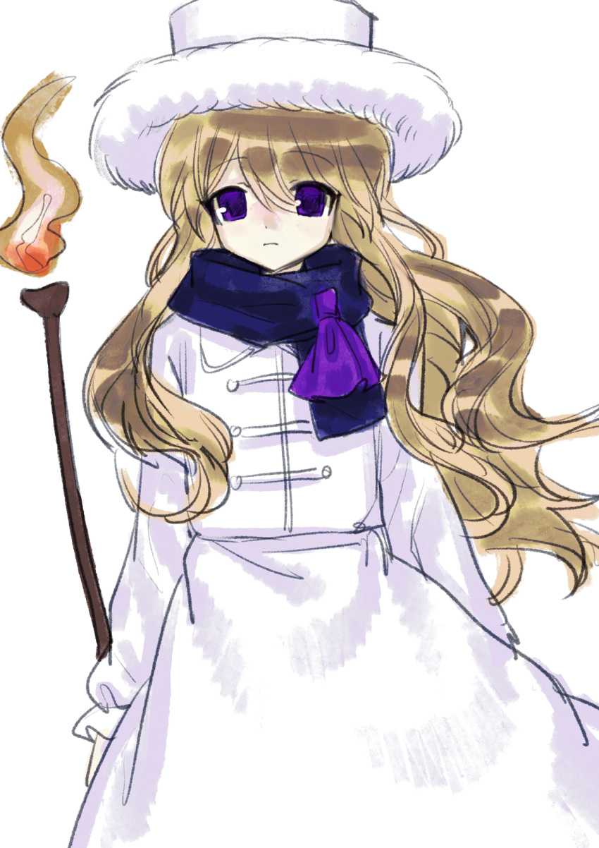 1girl absurdres bingkuaihei blonde_hair character_request commentary flat_chest fur-trimmed_headwear fur_trim hair_between_eyes highres jacket long_hair long_sleeves meet_again_in_the_night original purple_scarf scarf simple_background skirt solo symbol-only_commentary touhou violet_eyes wavy_hair white_background white_hat white_jacket white_skirt