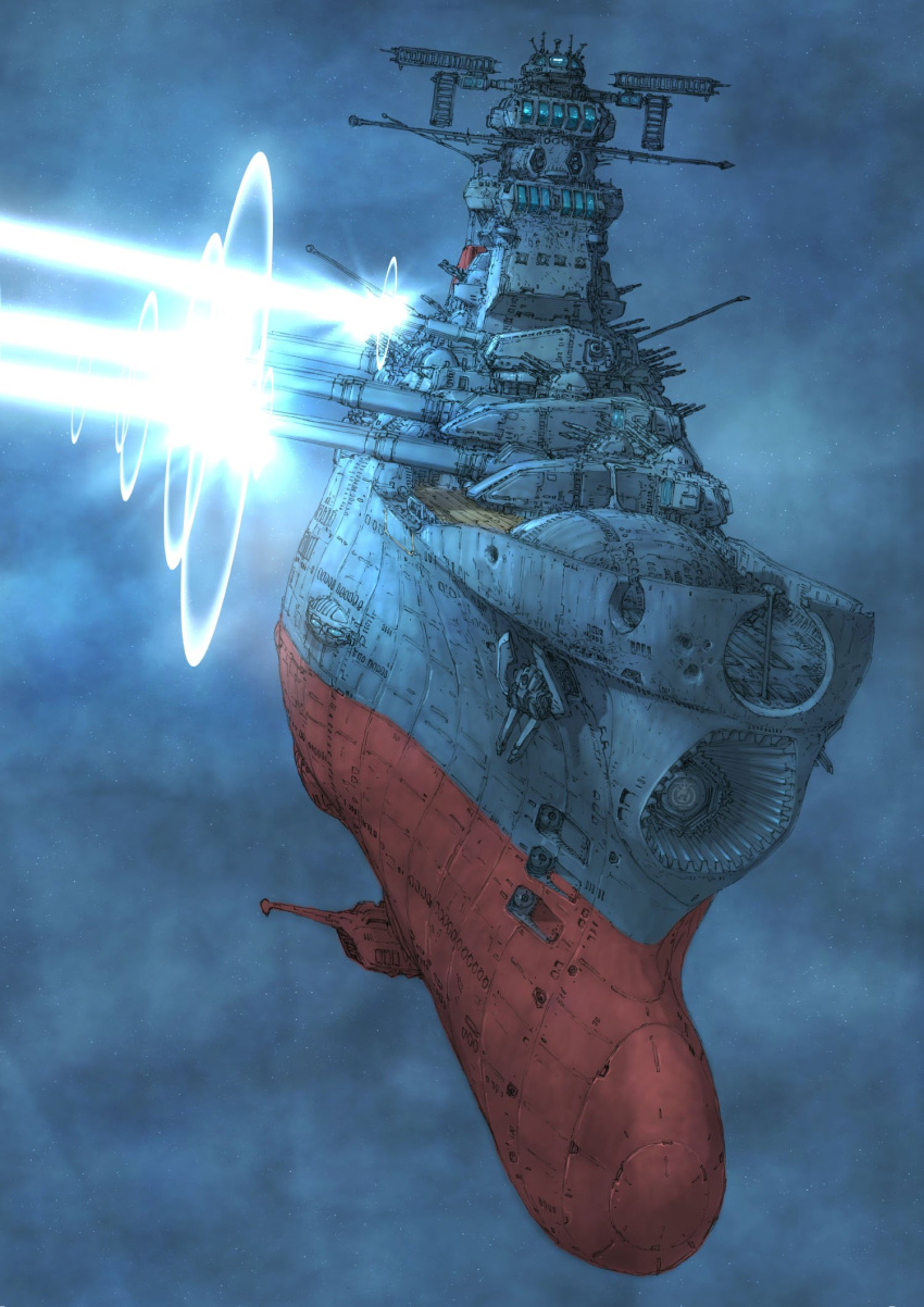 anchor battle clouds cloudy_sky energy_beam energy_cannon energy_weapon firing flying highres kobayashi_makoto_(illustrator) laser machinery military military_vehicle no_humans outdoors science_fiction ship sky spacecraft translation_request turret uchuu_senkan_yamato warship watercraft