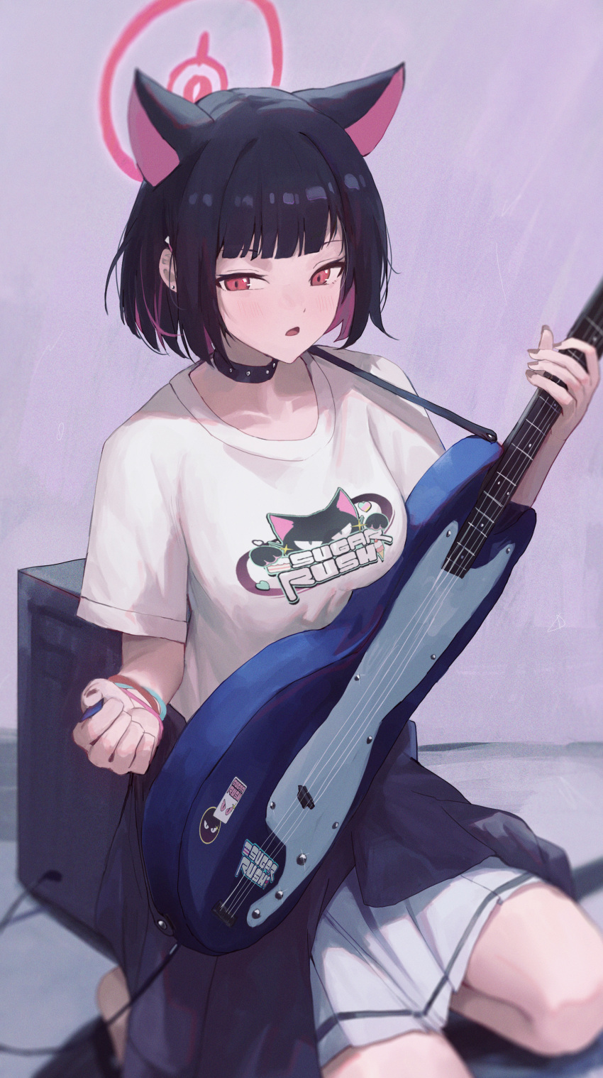 1girl absurdres animal_ears bass_guitar black_choker black_hair black_jacket blue_archive blush breasts cat_ears choker clothes_around_waist colored_inner_hair extra_ears halo highres instrument jacket jacket_around_waist jianjia kazusa_(band)_(blue_archive) kazusa_(blue_archive) looking_at_viewer medium_breasts multicolored_hair official_alternate_costume open_mouth pink_hair pink_halo pleated_skirt red_eyes shirt short_hair short_sleeves skirt solo white_shirt white_skirt