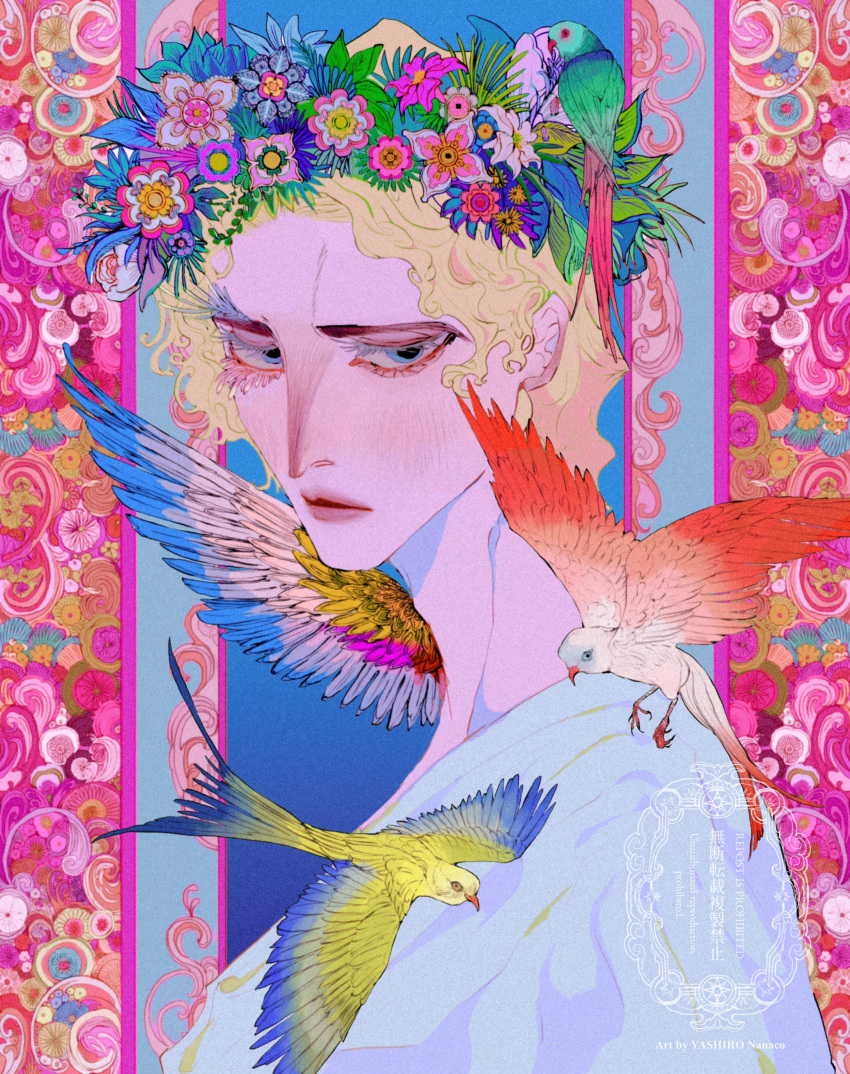1boy absurdres animal_on_shoulder artist_name bird bird_on_shoulder blonde_hair blue_eyes closed_mouth colored_skin colorful flower head_wreath highres long_eyelashes looking_at_viewer male_focus multicolored_background original parrot parted_lips pink_skin shirt short_hair solo upper_body watermark white_flower white_shirt yashiro_nanaco