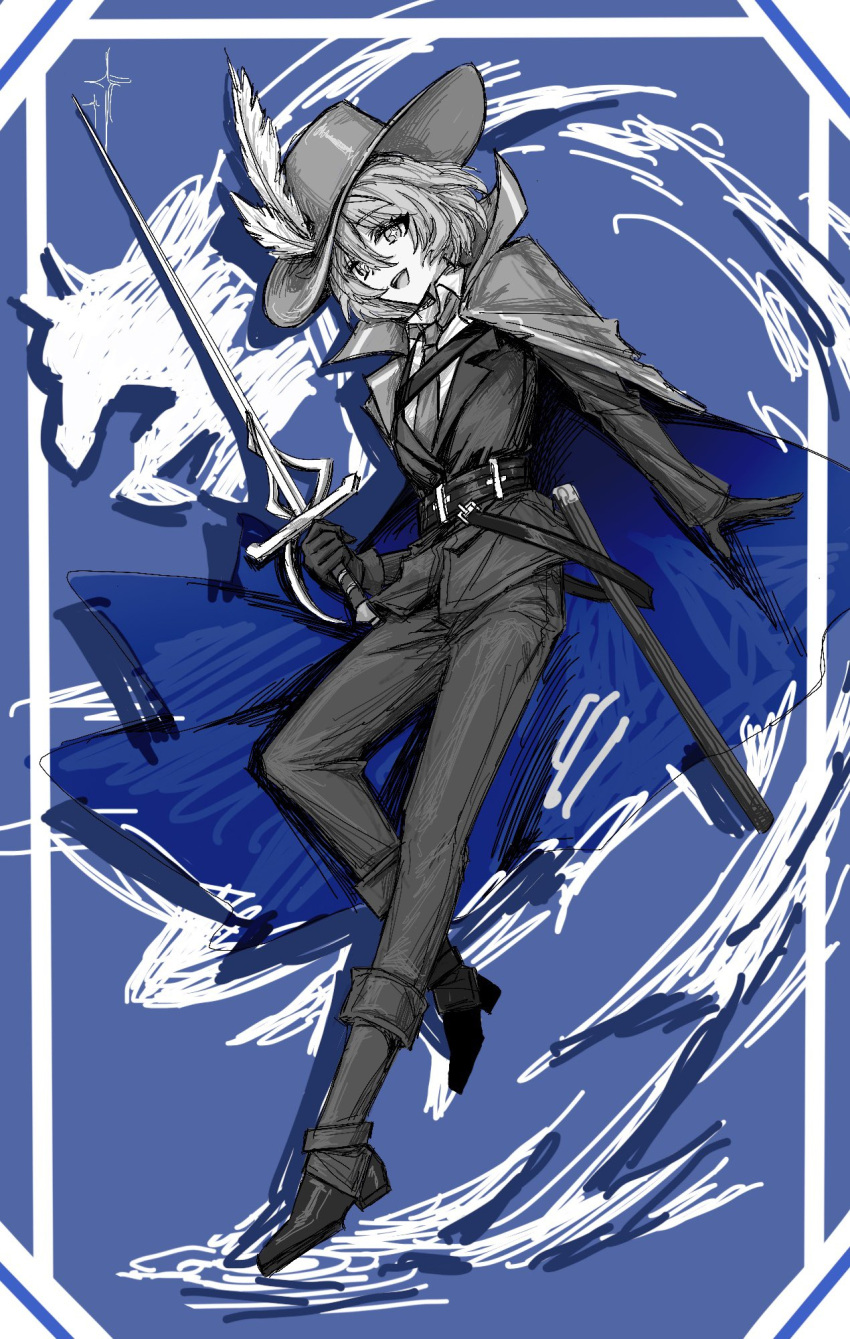 1girl ashi_(dongshi389) belt blue_background blue_cape boots cape cavalier_hat collared_shirt don_quixote_(project_moon) full_body greyscale_with_colored_background highres holding holding_sword holding_weapon limbus_company looking_at_viewer necktie open_mouth pants project_moon rapier shirt short_hair smile solo sword weapon