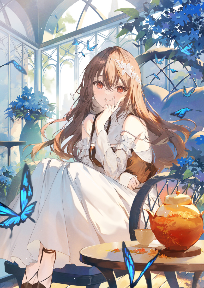 1girl arm_under_breasts blue_butterfly blue_flower blush breasts brown_hair bug butterfly buttons commentary_request cup detached_sleeves dress earrings feet_on_chair floral_background flower full_body greenhouse hair_between_eyes hair_flower hair_ornament hand_on_own_face highres jewelry legs_together long_dress long_hair long_sleeves looking_at_viewer messy_hair necomi no_socks on_chair orange_eyes original parted_lips plant potted_plant red_nails sitting sleeveless sleeveless_dress small_breasts smile solo strap_slip teacup teapot tree wavy_hair white_dress wind window