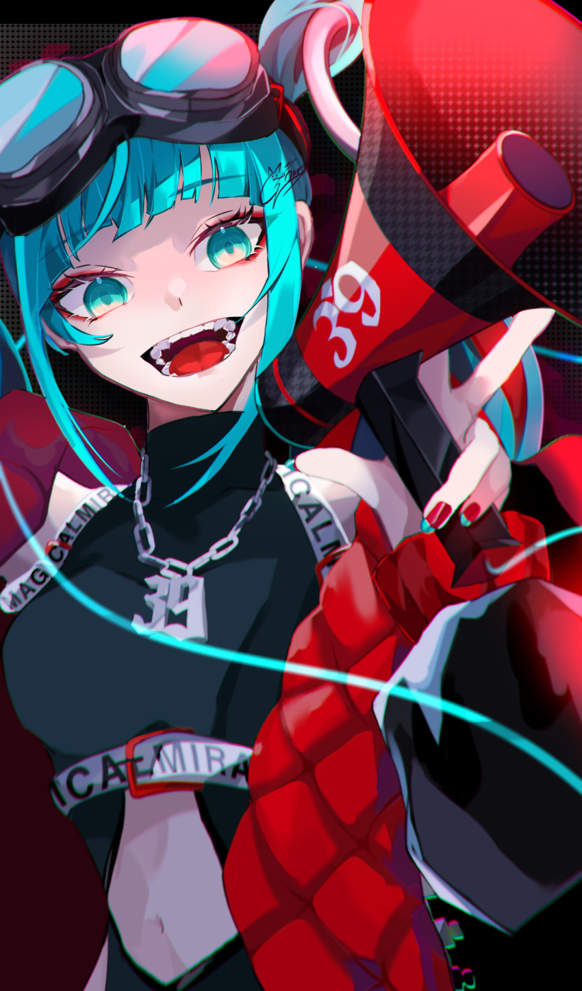 1girl :d absurdres bare_shoulders black_background black_footwear black_jacket black_shirt blue_eyes blue_hair boots cardiogram chain_necklace cross-laced_footwear foreshortening full_body goggles goggles_on_head goma_irasuto hatsune_miku highres holding holding_megaphone jacket jewelry long_bangs long_sleeves magical_mirai_(vocaloid) magical_mirai_miku magical_mirai_miku_(2023) megaphone necklace off_shoulder open_clothes open_jacket open_mouth shirt sidelocks simple_background sitting sleeveless sleeveless_shirt smile solo twintails two-sided_fabric two-sided_jacket upper_body v-shaped_eyebrows vocaloid