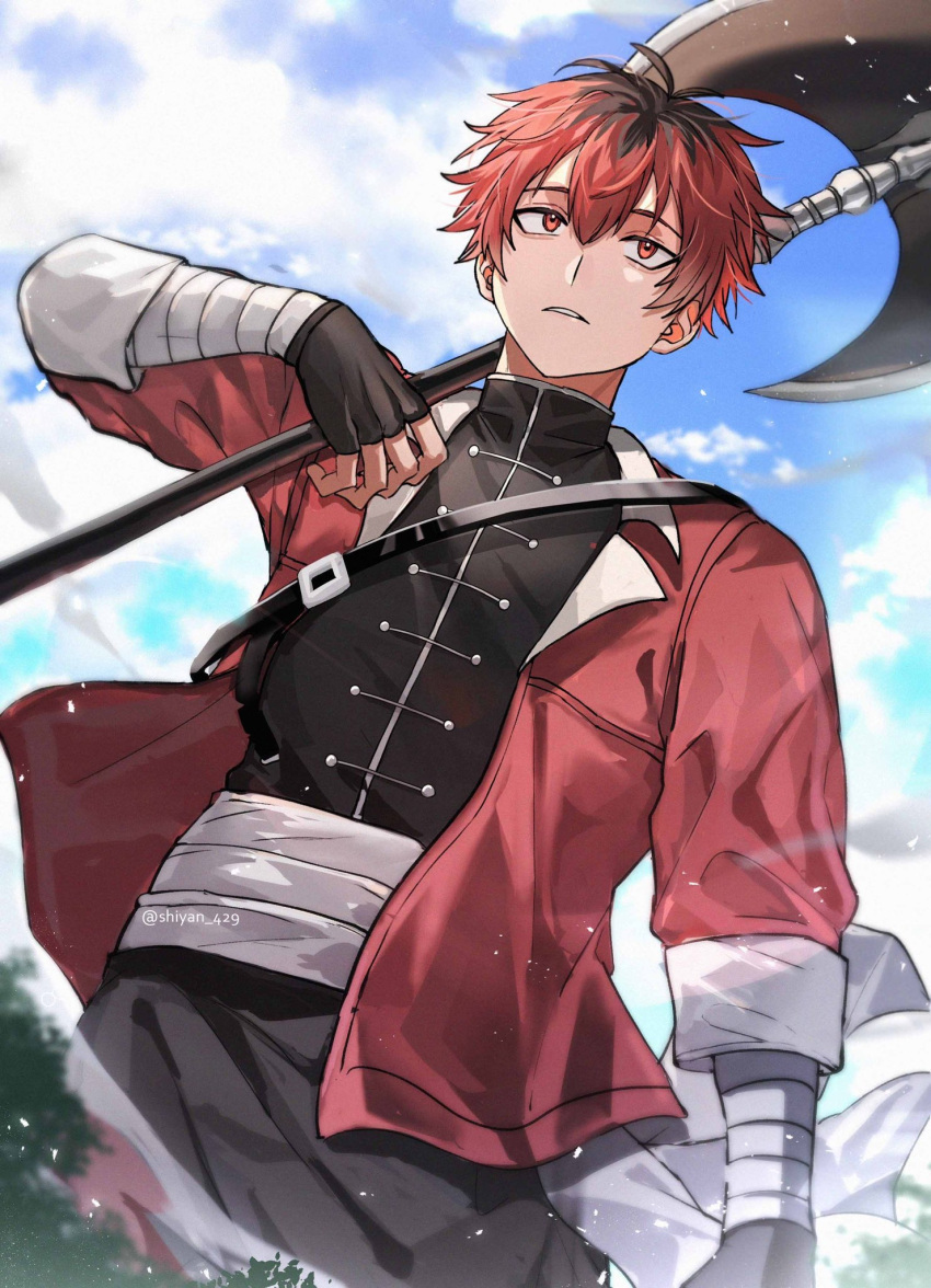 1boy axe bandaged_arm bandages black_hair blue_sky clouds commentary fingerless_gloves from_below gloves hair_between_eyes highres holding holding_axe light_particles looking_ahead male_focus outdoors over_shoulder parted_lips red_eyes redhead shiyan_(flames_ten) short_hair sky solo sousou_no_frieren stark_(sousou_no_frieren) twitter_username upper_body weapon weapon_over_shoulder