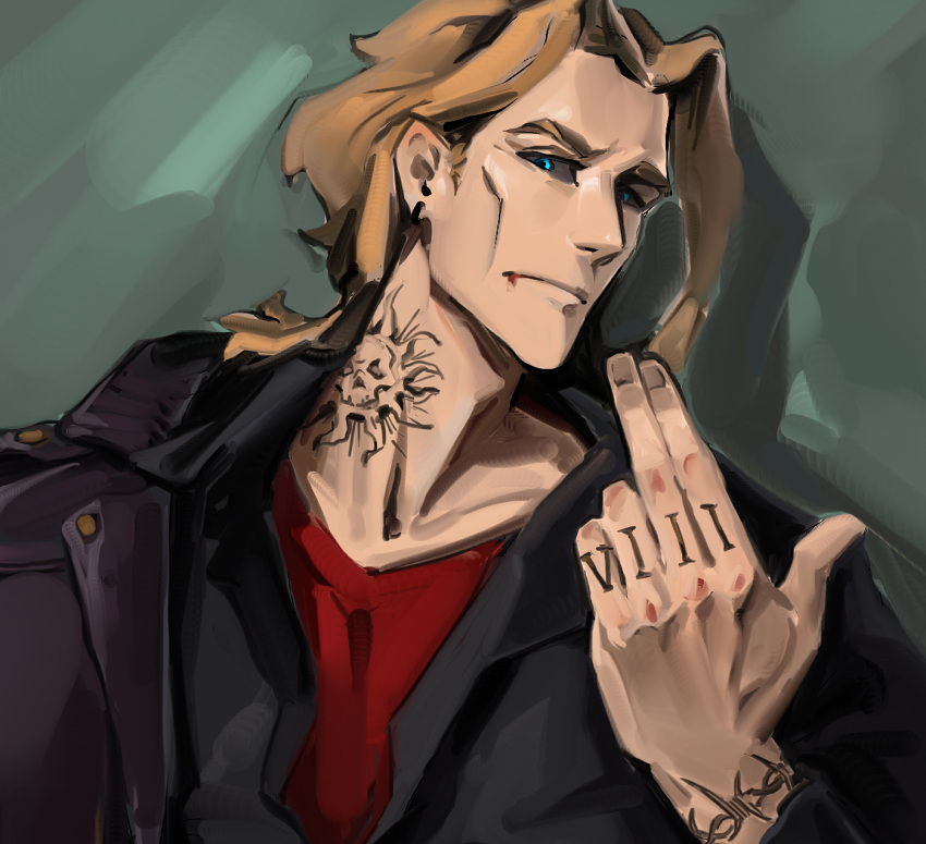 1boy adam's_apple black_jacket black_sclera blood blood_from_mouth boku_no_hero_academia brown_hair cheekbones closed_mouth collarbone colored_sclera earrings finger_tattoo fingernails freesilverwind grey_background highres jacket jewelry looking_at_viewer male_focus neck_tattoo red_shirt shirt short_hair solo tattoo wrist_tattoo yagi_toshinori