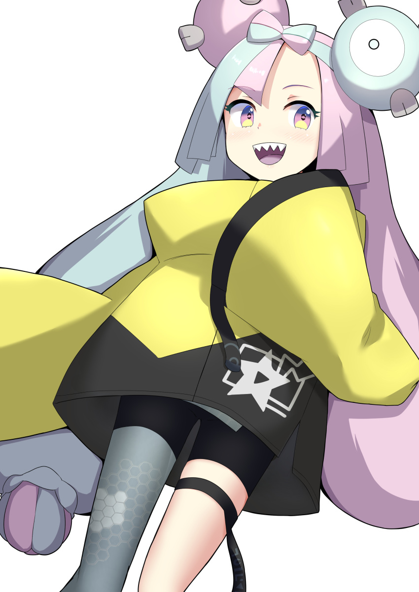 1girl :d absurdres bike_shorts blush bow-shaped_hair character_hair_ornament commentary_request eyelashes green_hair grey_pantyhose hair_ornament hand_up happy highres iono_(pokemon) jacket long_hair multicolored_hair open_mouth pantyhose pokemon pokemon_sv single_leg_pantyhose sleeves_past_fingers sleeves_past_wrists smile solo sorbitol star_(symbol) star_print teeth thigh_strap tongue twintails two-tone_hair upper_teeth_only violet_eyes white_background yellow_jacket