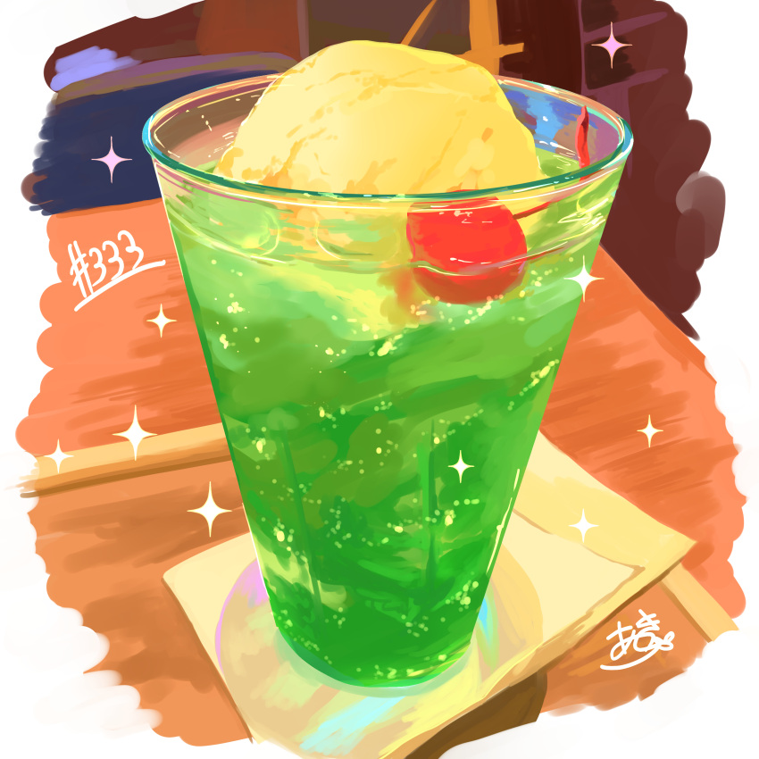 absurdres cherry cup drink drinking_glass food food_focus fruit highres ice_cream ice_cream_float melon_soda napkin no_humans original table takisou_sou